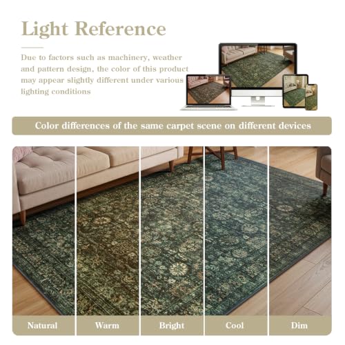 Morebes Dark Green 5x7 Washable Area Rug - Vintage Boho Non-Slip Non-Shedding