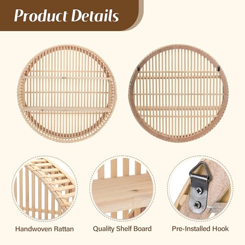 Boho Rattan Wall Shelf 3-Tier Floating Storage Rack for Living Room & Home Decor