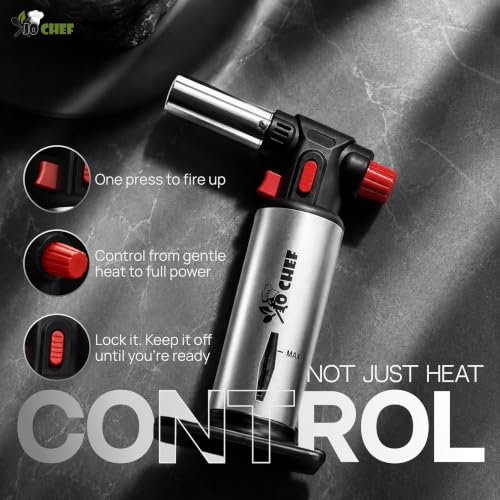 Jo Chef Refillable Kitchen Torch with 2 Butane Cans & Accessories - Silver/Black