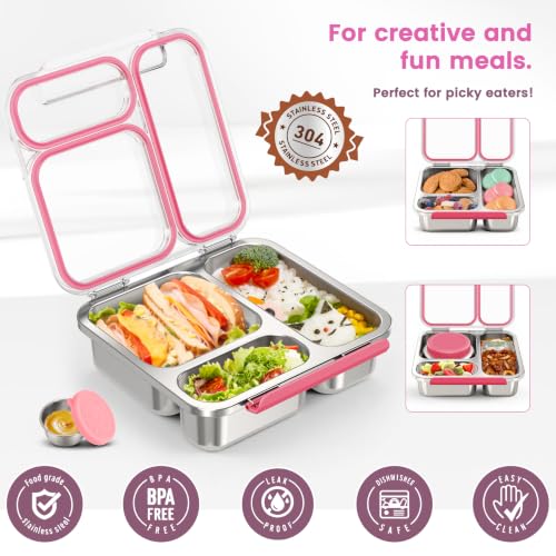 Kids Pink Stainless Steel Bento Box Set with 7oz Soup Thermo & 3 Compartments