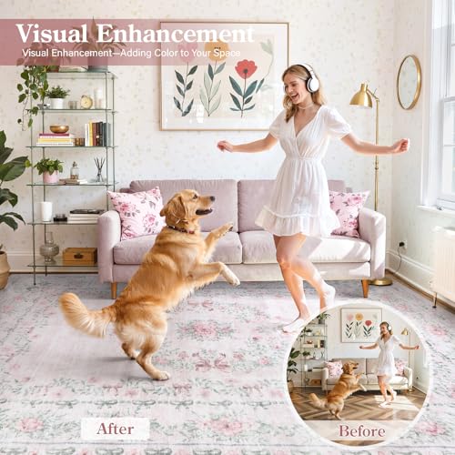 Pink Floral Bow Area Rug 5x7 for Bedroom & Nursery Washable Non-Slip Soft Carpet