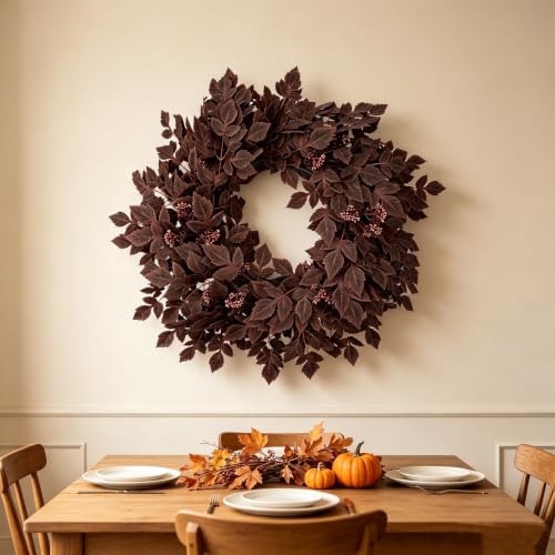 GIAUMA 26-Inch Fall Artificial Cimicifuga Leaves Wreath for Front Door Burgundy