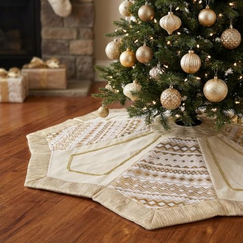 Valery Madelyn 60-Inch White Gold Christmas Tree Skirt - Elegant Holiday Decor