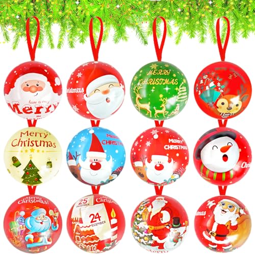 12 Pack Christmas Candy Jar Hanging Decoration,Tinplate Candy Ball Box Pendant for Christmas Tree Stocking,New Year Decor,Kids Gifts