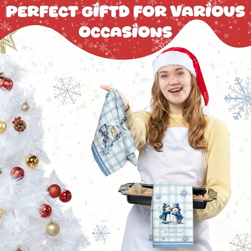 Geuro Winter Friends Snowman Kitchen Towels Set of 2 Blue Checkered 16x24 Inch Holiday Decor