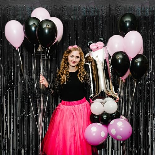 K.E.J. 2 Pack Black Tinsel Curtain Backdrops – 3.28 ft x 6.56 ft Fringe Foil Party Curtain for Photo Booth, Birthday & Halloween