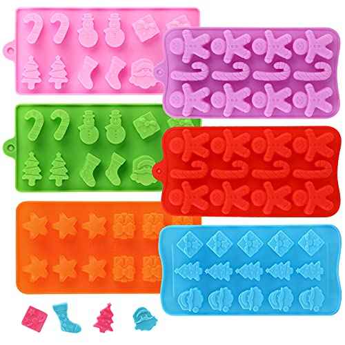 Christmas Silicone Chocolate and Candy Molds, Small Baking Molds for Cake Toppers, Santa Clause Snowman Christmas Tree Presents Gingerbread Stockings Star Candy Cane Molds 6Pcs