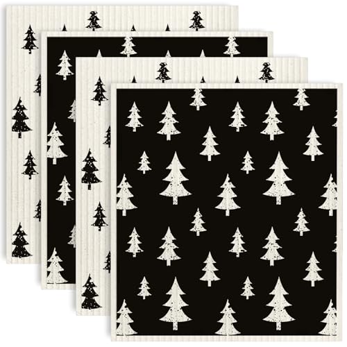 Black & White Geometric Christmas Tree Swedish Dishcloths - 4 Pack, 7x8 in