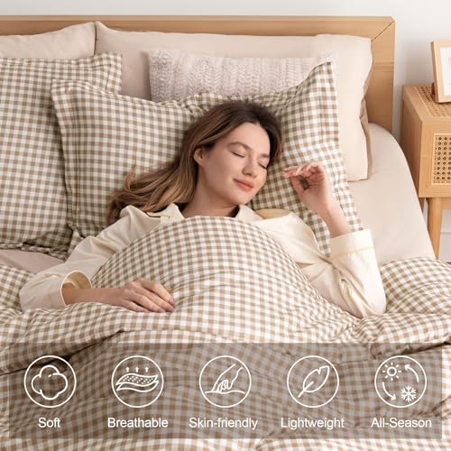 SunNewt Queen Comforter Set Tan Gingham 3 Pieces - Plush Bedding