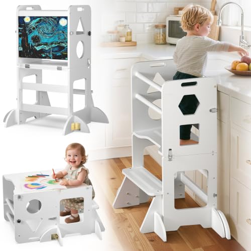 White Toddler Standing Tower with Blackboard & Safety Bar - Wooden Kitchen Helper