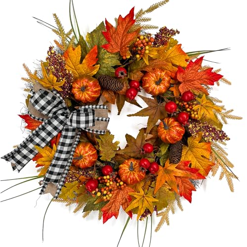 24 Inch Fall Front Door Wreath with Buffalo Check Bow & Maple Leaves | Autumn Farmhouse Decor