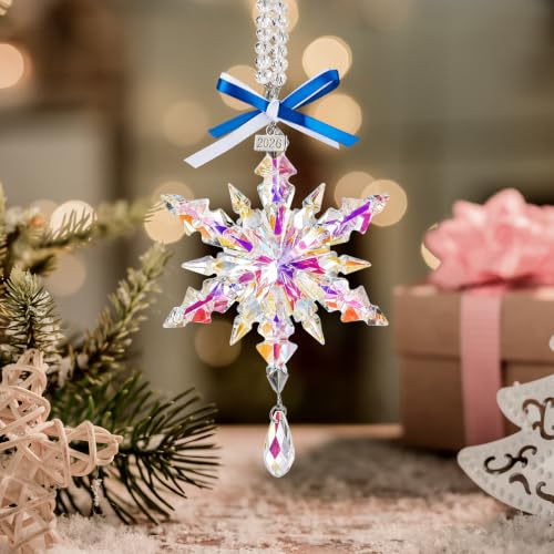 Kockuu 2pcs AB Color Crystal Snowflake Holiday Ornaments for Xmas Tree
