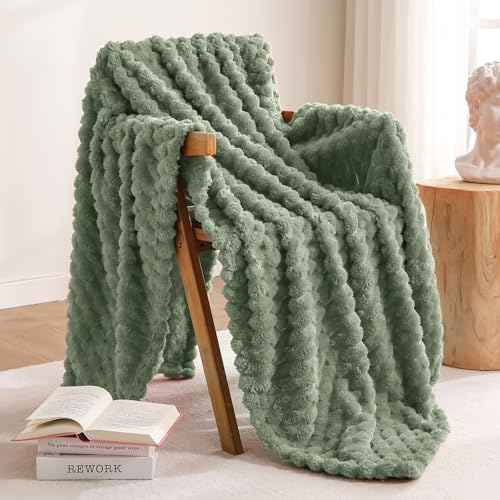Excervent Flannel Fleece Throw Blanket(40x50 inches)for kids and pets, Big 3D Clouds Stylish Hexagon Jacquard Decorative Fuzzy Blankets for Household, Camping, and Travel, Super Soft Cozy, Sage Green