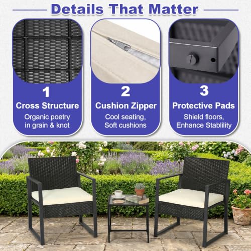 FDW Khaki 3-Piece Patio Furniture Set Outdoor Wicker Conversation Set with Coffee Table
