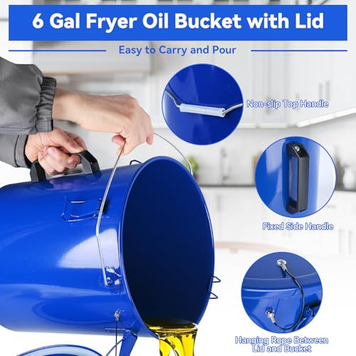 6 Gallon Steel Fryer Grease Bucket with Locking Lid & Strainer Bags