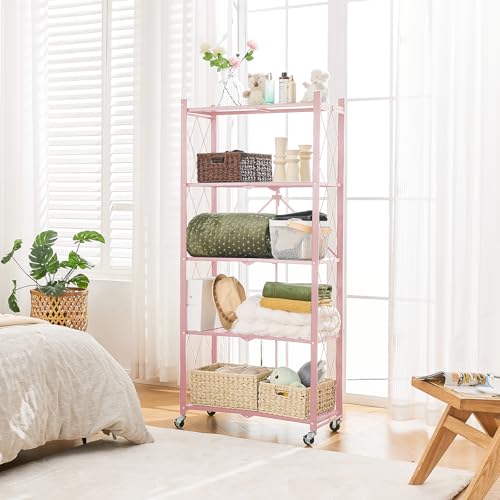 Pink 5-Tier Foldable Metal Storage Shelves on Wheels - Heavy Duty Organizer