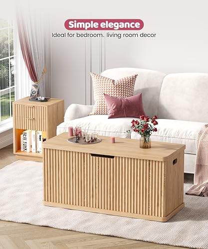 Large Wooden Storage Chest - Fluted Design with Safety Hinges, 37.4" Wide, Oak Finish, Variation of 15.4" D x 37.4" W x 17.9" H