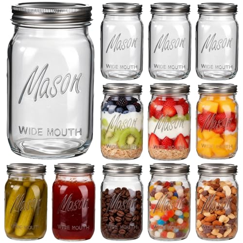 Rubtlamp Clear Mason Jars 32oz Wide Mouth Glass Jars 12 Pack with Airtight Lids