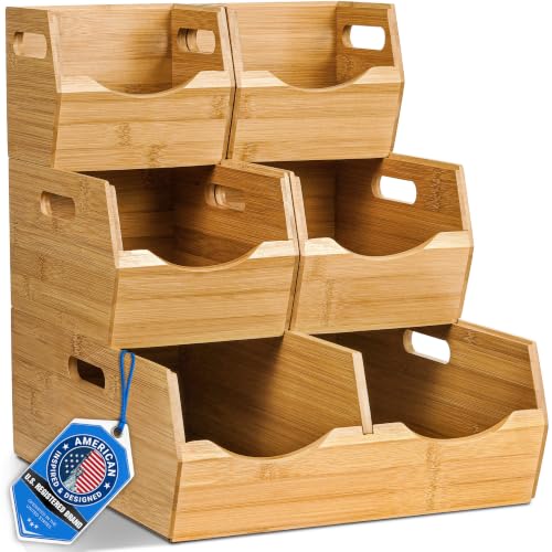 3-Tier Stackable Bamboo Pantry Storage Bins for Fruits Vegetables & More