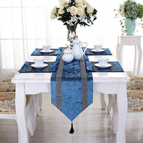 San Tungus 13x72 Inch Blue Bilateral Rhinestone Table Runner with Diamante Strip & Tassels