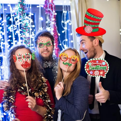 HOWAF 30pcs Glitter Photo Booth Props Set – Peppermint Candy & Lollipop Christmas Party