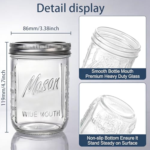 WELLIFE Clear 16oz Mason Jars 12 Pack with Lids - Wide Mouth Food Storage & Canning Containers
