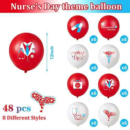 Skylety 48 Pieces Nurse Balloons 12 Inch Congrats Nursing Latex Balloons Bulk Party Decoration Supplies Nursing School Graduation Decoration for Christmas Gifts Nurse Week CNA(Red and White)