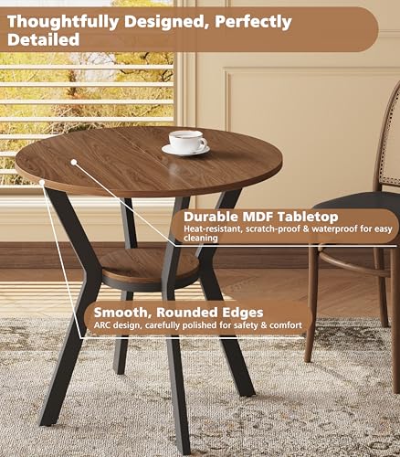 Walnut 31.5 Inch Round Dining Table for 2-4 with Storage - Small Kitchen Table