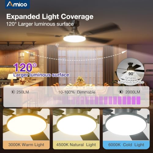 Amico 52-Inch Black RGB Ceiling Fan with Lights, Flush Mount Smart Indoor/Outdoor