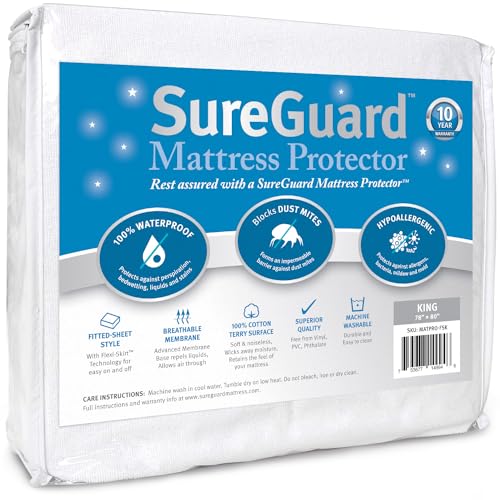 SureGuard King Size Waterproof Mattress Protector - Cotton Terry Fitted Cover, Hypoallergenic