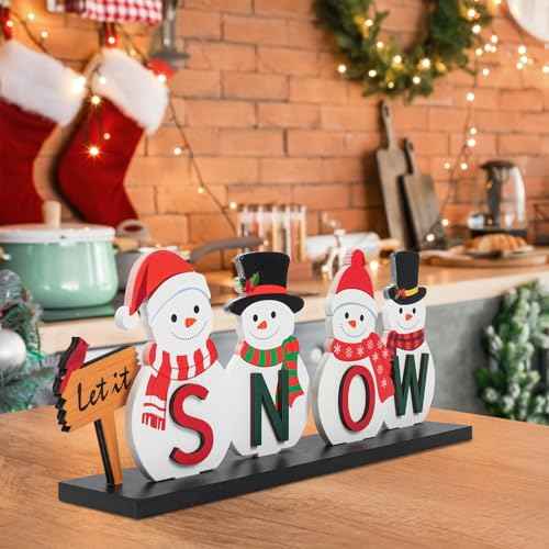 Wooden Snowman Table Centerpieces - Merry Christmas Decoration for Holiday Office Desk Tiered Tray Party Shelf Decorations Farmhouse Winter