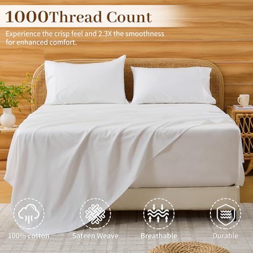 Bedlifes 1000TC Egyptian Cotton King Sheets Set with 22" Deep Pocket, White, 4-Piece