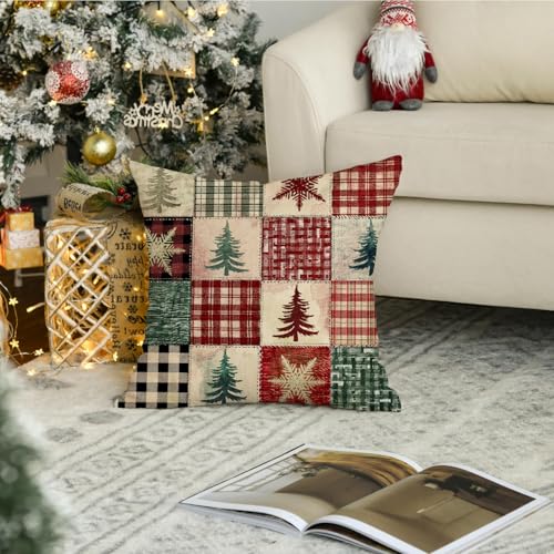 RABUSOFA Christmas Pillow Cover 18x18 Red Plaid, Invisible Zipper, 100% Polyester Linen