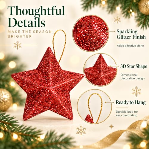 36-Piece Glitter Gold Star Christmas Ornaments Set with Loops