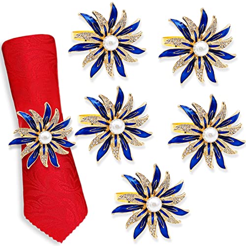 Blue Rhinestone Flower Napkin Rings Set of 6 for Wedding & Party Decor
