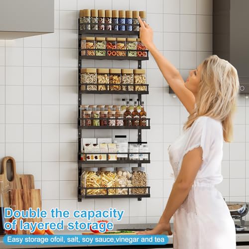Wall-Mounted Spice Rack Organizer - 6-Tier Adjustable Shelves with Mixed Baskets - Black / 6x 4.6"D