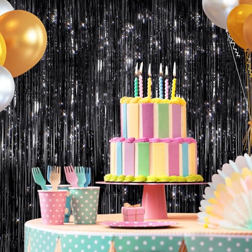 2 Pack Black Metallic Tinsel Foil Fringe Curtains, Door Streamers Photo Booth Backdrop for Birthday Party, Tinsel Curtain Backdrop for Baby Shower Bachelorette Christmas Party Decorations