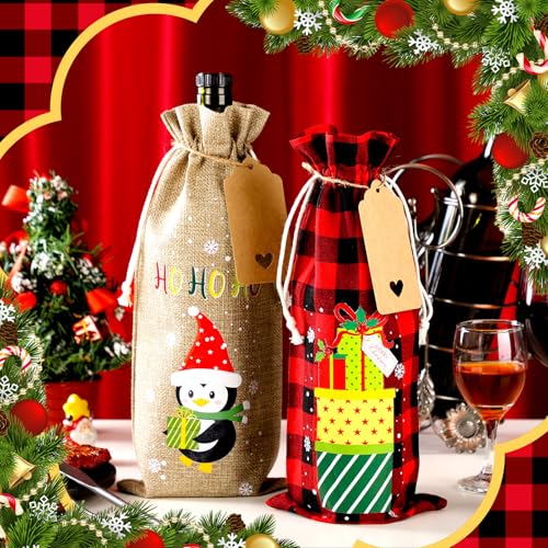 24 Pcs Christmas Burlap Wine Bags with Tags & Drawstrings - 5.9 x 13.8in
