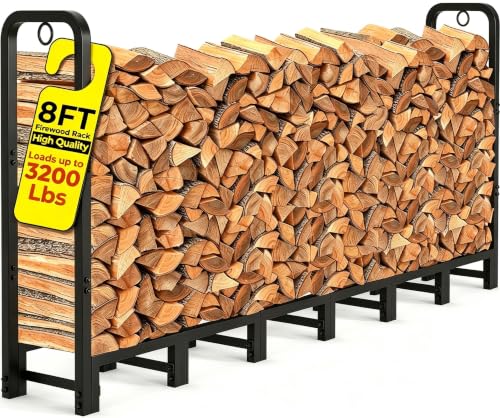 8ft Firewood Log Rack Outdoor Heavy Duty Steel Firewood Holder with Lock Rings