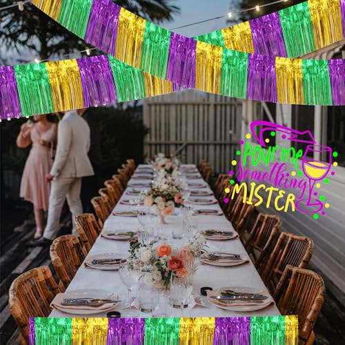 2 Pack 10 Feet Green Gold Purple Foil Fringe Garland Metallic Tinsel Streamers Banner Fringe Backdrop Banner for Parade Floats Mardi Gras Birthday Party Homecoming Decoration (Green Gold Purple)