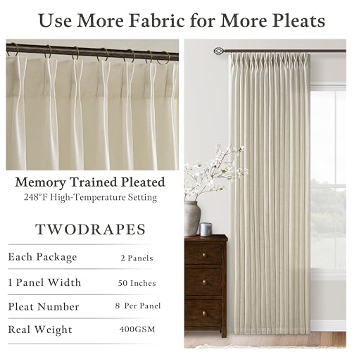 Linen Pleated Light Filtering Curtains Pack of 2 - 50W x 102L, Beige
