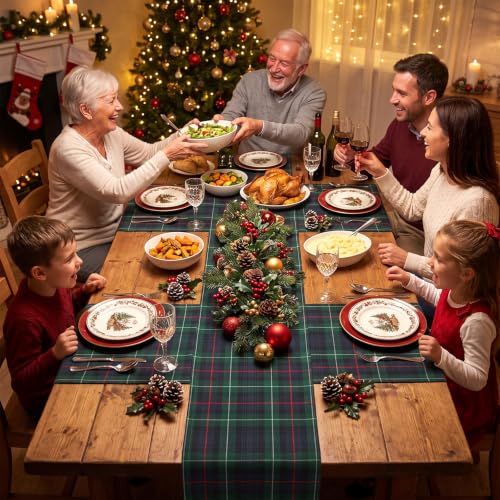 Moukeren Christmas Tartan Plaid Table Runner 70x15 Inches, Green - Set of 3
