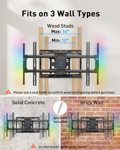 PERLESMITH Full Motion TV Wall Mount with LED Light for 37–86 Inch TVs - 16 Inch Wood Studs