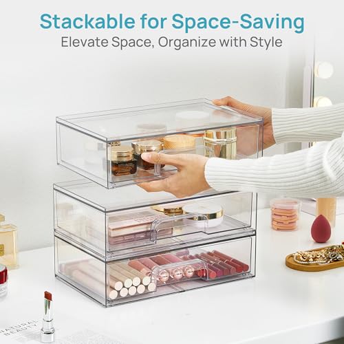 Stackable Clear Storage Drawers - 4 Pack Wide Plastic Organizers - Wide-4pack-Clear
