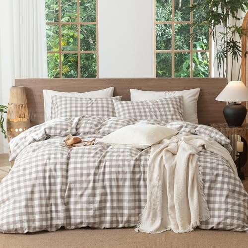 Gingham Duvet Cover Set - Buffalo Plaid Tannish Linen Grey King Variation