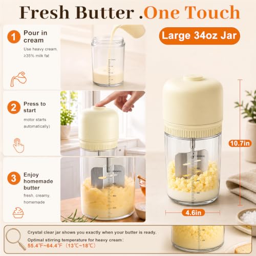 Electric Butter Churner Kit - One-Touch Homemade Butter Maker with Glass Jar