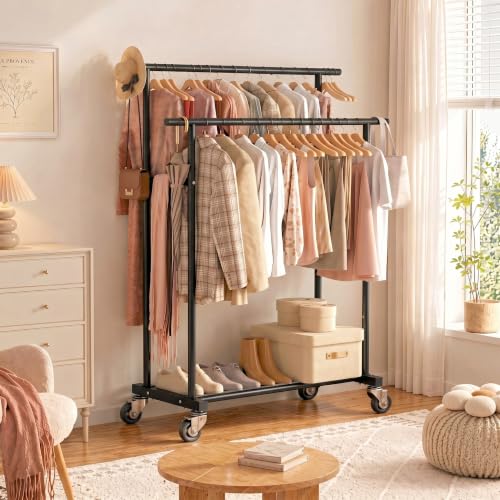 Calmootey Rolling Garment Rack, Sturdy Clothes Organizer for Bedroom