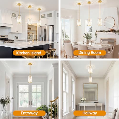 Esfos Gold Pendant Lights 3 Pack - Modern Crystal Kitchen Island Pendant with Adjustable Height, UL Certified, E26 Base