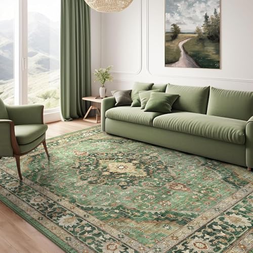 Deerly Green Border 8x10 Area Rug for Living Room & Bedroom Washable Boho Carpet