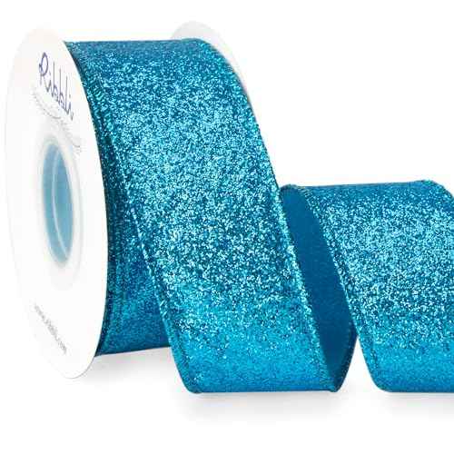 Ribbli Turquoise Blue Glitter Wired Ribbon,Turquoise with Metallic Edge,Christmas Ribbon for Wreath, ChritmasTree Decoration, Gift Wrapping,Home Decor, 1-1/2 Inch x 10 Yards